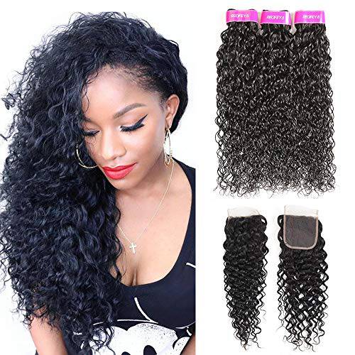 Brazilian Deep Wave 3 Bundles with Closure 100% Human Hair Bundles with Lace Closure Virgin Unprocessed Hair Extension Natural Color Can Be Dyed and Bleached Free Part（8 10 12+8）