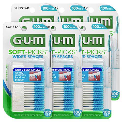 GUM - 10070942002391 Soft-Picks Wider Spaces Dental Picks, 25% Wider, Easy-to-Use Handle, 100 Count, (Pack of 6)