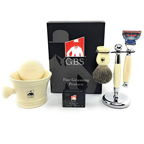 G.B.S Men’s Shaving Set Includes Five Blade Razor, Synthetic Brush & Razor Dual Stand, Ivory Shaving Mug with 97% All Natural G.B.S Shaving Soap & an Alum Block