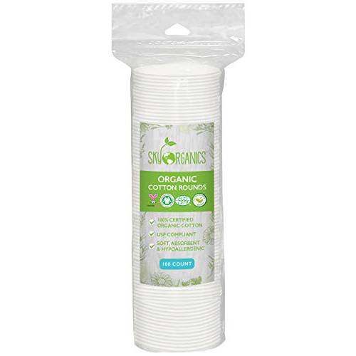 Sky Organics Organic Cotton Rounds for Sensitive Skin, 100% Pure GOTS Certified Organic for Beauty & Personal Care, 100 ct.