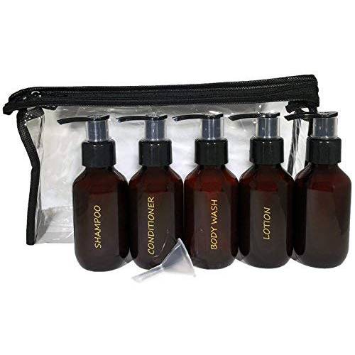 Bottiful Home - 3 oz. Refillable Amber Plastic Travel Bottles Set of 5 w Pumps - Gold Printed Shampoo, Conditioner, Body Wash, Lotion + Other - TSA-Compliant