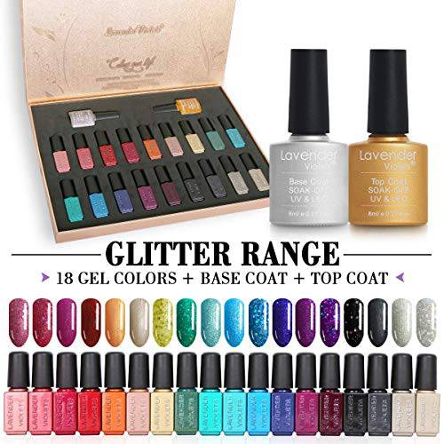 Lavender Violets Gel Nail Polish Kit 18+3 Colors Glitter Gold Yellow Blue Soak-off UV LED Nail Gel 5ml/each with Base, Matte and Glossy Top Coat 8ml/each F988