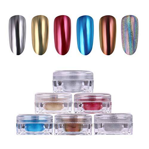AIMEILI 6 Boxes Nail Art Manicure Powder Set, 1×0.5g Holographic Powder, 1×0.5g Chameleon Chrome Nail Powder, 4×0.5g Mirror Effect Nail Powder