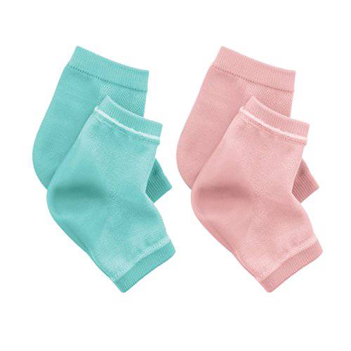 Urbun 2 Pairs Gel Moisturizing Socks Soft Repair Dry Cracked Heel Skin, Green+Pink