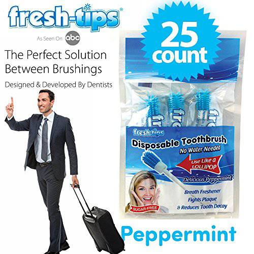Fresh-Tips | Disposable Mini Toothbrush | Travel Toothbrush | Fresh Breath & White Teeth on The Go, Peppermint | 25 Pieces