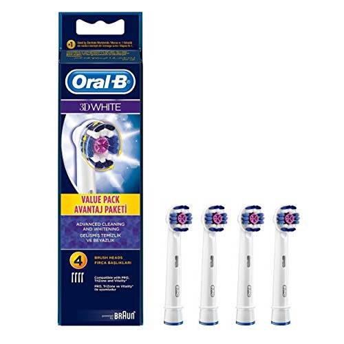 3D White Electric Toothbrush Replacement Heads Refill by Oral B Genuine Braun Refill (4 Heads)