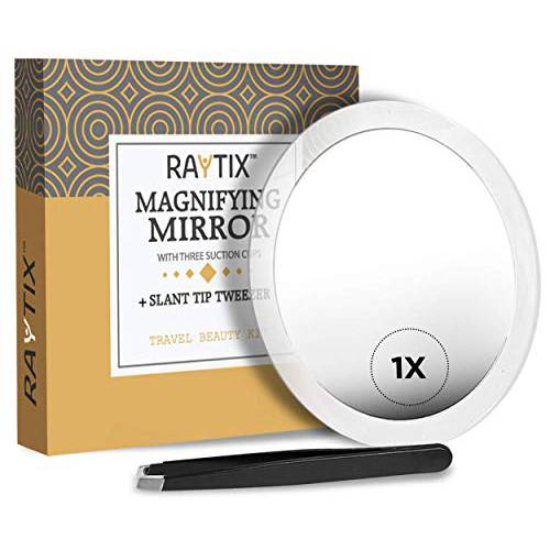 1X Magnifying Mirror & Slant Tweezers Set Makeup Application & Eyebrow Removal Essentials | Round Mirror With 3 Suction Cups & Stainless Steel Slant Tip Tweezer Use for Makeup Application 6 Inch