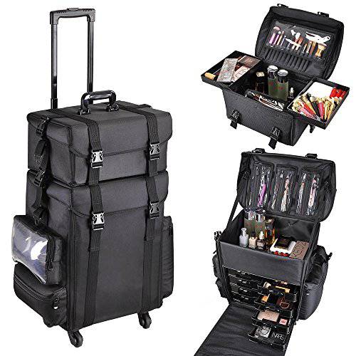 BYOOTIQUE Classic Black 2in1 Soft Sided Rolling Makeup Train Case Trolley Freelance Makeup Artist Cosmetic Organize Storage Travel Case with Wheels