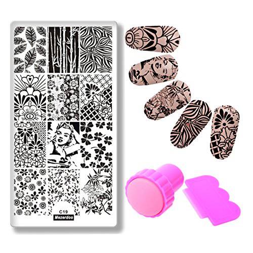 Mezerdoo Fruit Leaves Rectangle Nail Stamping Plate + Stamper Scraper Kit Clover Bamboo Patterns Nail Template Pretty Girl Manicure Art