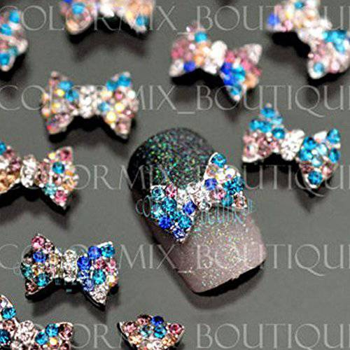 Lookathot 10PCS 3D Heart Bowknot Nail Art Decals Metallic Silver Studs Rhinestones Diamonds Pearls Drills Alloy Manicure DIY Decoration Tools (Bowknot(10pcs))