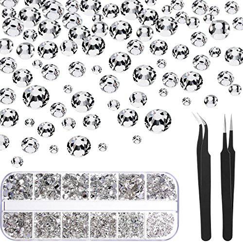 1728 Pieces Crystals Nail Art Rhinestones Round Beads Flatback Glass Charms Gems Stones and 2 Pieces Tweezers with Storage Organizer Box, SS3 6 10 12 16 20, 288 Pieces Each Size (1728 Pieces，Clear)