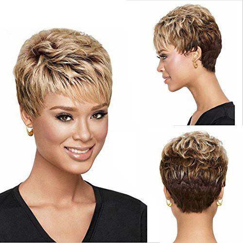 GNIMEGIL Pixie Cut Short Wigs for Women Dark Brown Mixed Blonde Hairstyle Synthetic Wig Natural Looking Christmas Costume for Women