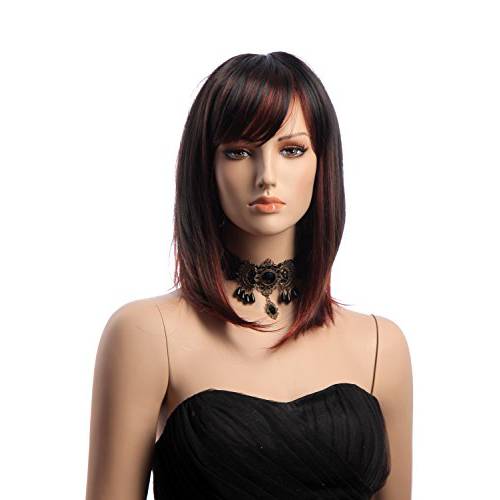 Shoulder-length Black mix Red Wig for Women Short Curly Synthetic Bob Wig Looking Natural Heat Resistant Fiber Hair Wig (Black mix Red)