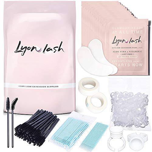 Lyon Lash Eyelash Extension Supplies 4x100 Packs - 100 Pairs Under Eye Gel Pads | 100 Disposable Mascara Brushes Wands | 100 Micro Applicators Brush | 100 Glue Ring Holder | 2 Medical Tapes