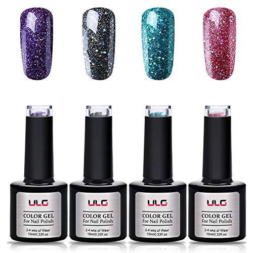 Gel Nail Polish Set-ULG 4 Glitter Color Long Wear UV LED Soak Off Gels Shinning Gel Polish Set 10ml 0.33oz