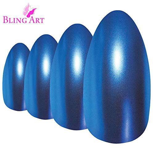 Bling Art Almond False Nails Fake Stiletto Matte Blue Metallic Acrylic 24 Tips