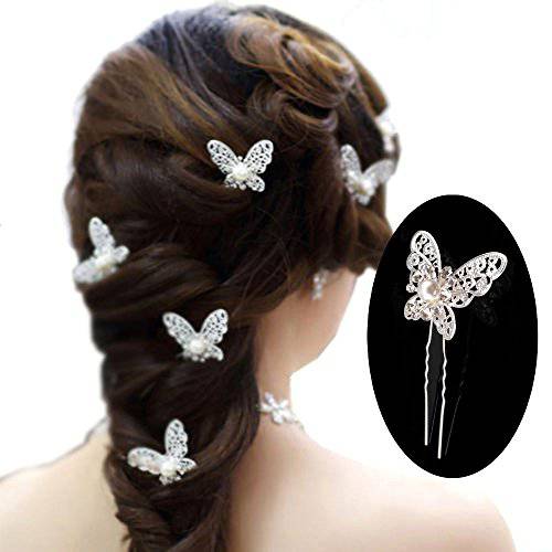 yueton Pack of 20 Butterfly Pearl Crystal Hair Pin Bride Headwear Hair Accessories (Silver)