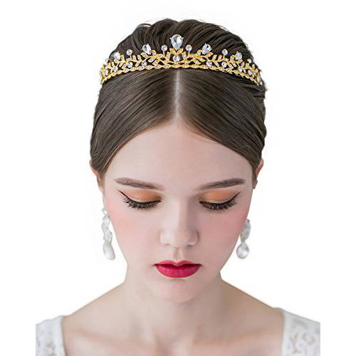 SWEETV Crystal Wedding Tiara for Bride & Flower Girls - Princess Tiara Headband Pageant Crown, Bridal Hair Jewelry for Women and Girls, Gold