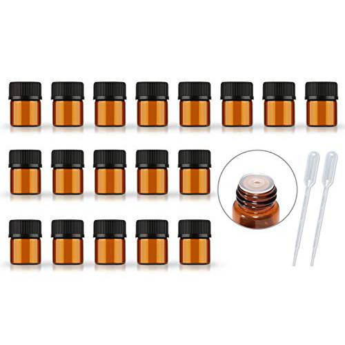 50Pack Set 1ML Amber Glass Bottle with Orifice Reducer and Cap Small Essential Oil Vials（1ML)