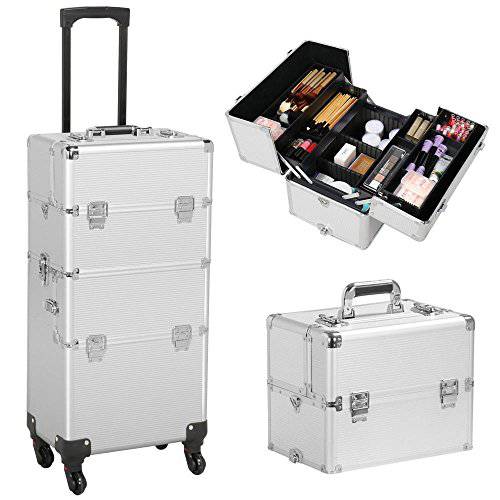Yaheetech 3 in 1 Professional Aluminum Rolling Makeup Train Case Cosmetic Trolley Artist Cosmetic Travel Organizer Makeup Trolley with 4 Removable Spinner Wheels Silver
