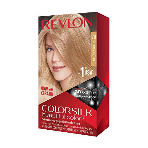 Permanent Hair Color by Revlon, Permanent Hair Dye, Colorsilk with 100% Gray Coverage, Ammonia-Free, Keratin and Amino Acids, 70 Medium Ash Blonde, 4.4 Oz (Pack of 1)