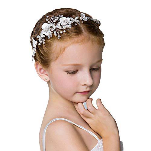 Campsis Flower Girl Headpiece Wedding Head Piece Crystal Pearl Hair Headband First CommAccessories Tiara for Girls(Silver)