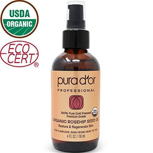 PURA D’OR Organic Rosehip Seed Oil (4oz / 118mL) 100% Pure Cold Pressed USDA Certified Organic, All Natural Anti-Aging Moisturizer Treatment for Face, Hair, Skin, Nails, Men-Women (Packaging may vary)