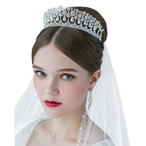 SWEETV Princess Diana Tiara for Women, Silver Pearl Wedding Crown for Bride, Rhinestone Costume Accessories for Birthday Party Prom