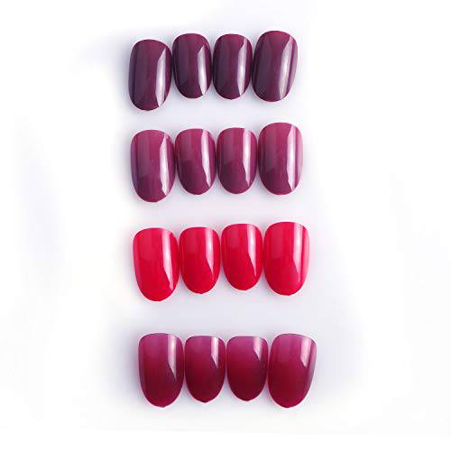 Laza 96 PCS Fake Nails Ruby Vermeil Cherry Full Cover Oval Short UV Coat Artificial Acrylic Nails - Red Garnet