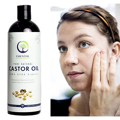 Essential Living: Organic Castor Oil - For Skin Care, Eyelash, Beard and Hair Growth - 16 oz. - Rich in Vitamin E and Omega Fatty Acids - Unrefined, Cold Pressed - No Hexane - Made in the USA