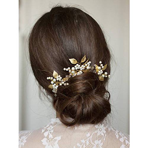 FXmimior Bridal Headpiece Vintage Crystal Leaf Hair Pins Bobby Pins Wedding Party Hair Accessories(pack of 3) (gold)