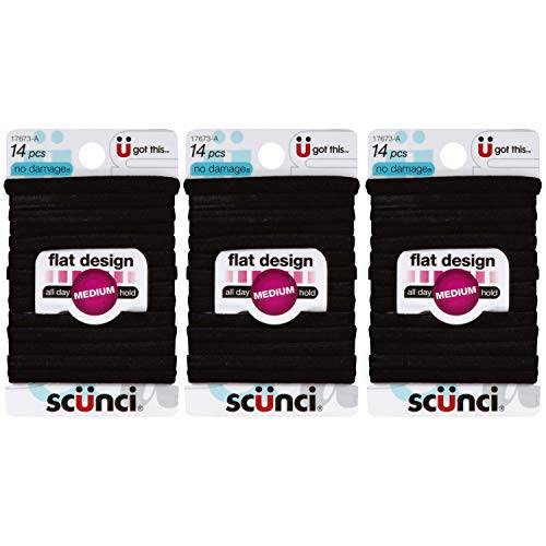 Scunci No-Damage Comfortable Black Hair Ties, Flat Design All-Day Hold, 14-Pieces per Pack (3-Packs)