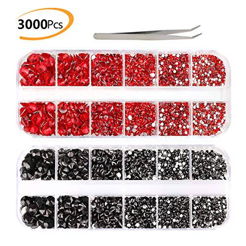 3000 PCS Rhinestones for Craft, PHOGARY Red & Black Flat Back Rhinestones 6 Sizes (2-5 mm) with Pick Up Tweezer for Crafts Nail Face Art Clothes Shoes Bags Phone Case DIY