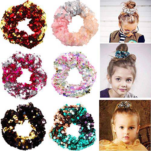 JOYOYO 6 Colors Girls Mermaid Sparkly Sequins Scrunchies for Hair Eleastic Bands Hair Scrunchy Hair Ties Ropes Ponytail Holders Rubber Bands for Girls