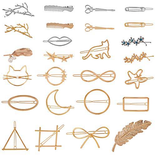 26PCS Gold Silvel Minimalism Hair Clips Dainty Feather Hollow Geometric Clasps Moon Triangle Circle Bow Infinity Hairpin Crown Star Cat Hair Barrettes for Girl Women with Thick Hair Styling (26 pcs)
