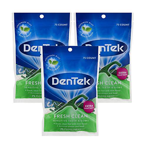 DenTek Fresh Clean Floss Picks, For Extra Tight Teeth, 75 Count, 3 Pack