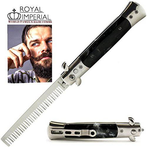 Royal Imperial Metal Switchblade Pocket Folding Flick Hair Comb For Beard, Mustache, Head Black Pearl Handle ~ INCLUDES Beard Fact Wallet Book ~ Nicer Than Butterfly Knife Trainer