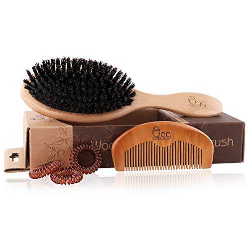 BLACK EGG Boar Bristle Hair Brush for Women Men Kid, Soft Natural Bristles Brush for Thin and Fine Hair, Restore Shine and Texture, Set includes Bamboo comb and 3 hair ties