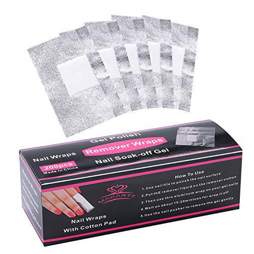 Makartt Nail Polish Nail Gel Remover Soak Off Gel Nail Polish Remover Foil Wraps 200pcs with Larger Cotton Pad 1 pcs Cuticle Pusher, R-01