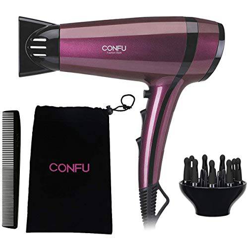 Lightweight Hair Dryer CONFU 1875W Ionic Fast Drying Low Noise Blow Dryer with 2 Speed 3 Heat Cool Setting Nozzle Diffuser Hairdryer Bag ETL Certified Purple