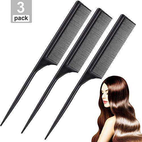Leinuosen 3 Pack Tail Comb Carbon Fiber Rat Tail Comb Set Heat Resistant Anti Static Styling Tail Comb for Hair Women Back Combing Root Teasing Adding Volume (Black)