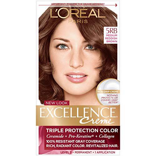 L’Oreal Paris Excellence Creme Permanent Triple Care Hair Color, 5RB Medium Reddish Brown, Gray Coverage For Up to 8 Weeks, All Hair Types, Pack of 1