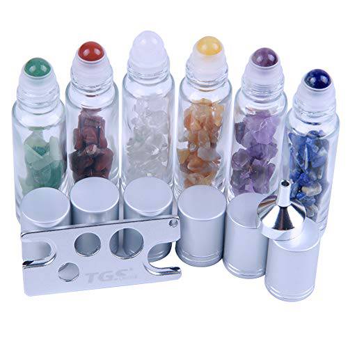10 ml Roller Balls for Essential Oils - Small Glass Roller Bottles with Decorative Tops & Mini Tumbled Gemstone Chips Inside, 6 pcs
