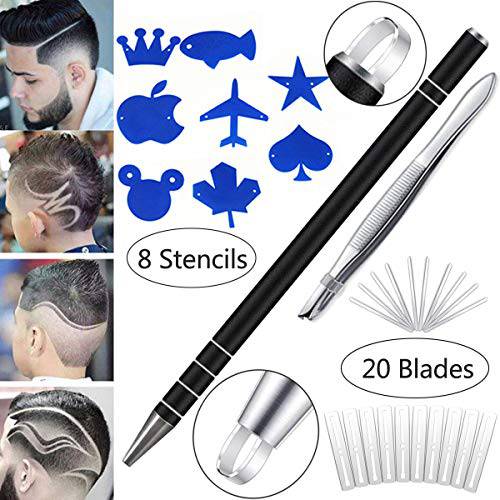 Hair Razor Pen For Hair Art Design & Eyebrow Shaping, (1 Engraving Pen, 20 Stainless Steel Blades, 7 Stencils, 1 Tweezers) Eyebrows Beards Razor Shaving Styling Tool(Black)