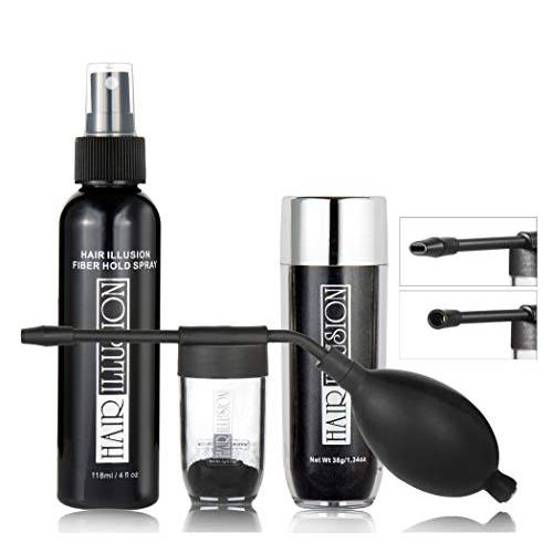 Hair Illusion Combo Kit - Hold Spray, 38g Hair Fiber Bottle, Applicator & Hairline Optimizer (Black)