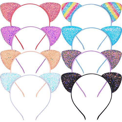 Beinou Glitter Cat Ears Headband 8 Pcs Kitty Headband for Girls and Women Sparkly Glitter Hair Metal Hoop Shiny Hairbands Hair Accessories for Daily Wearing and Party Decoration