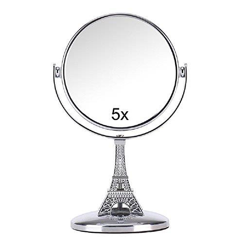 YAVOCOS Mini Travel Makeup Desk Table Mirror Double Sided 5X Magnifying Metal Compact 360 Degree Rotation Stand Cosmetic Mirror Makeup Tools (3.7 X 5.9’’)