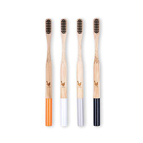 Native Birds Bamboo Toothbrush with Soft Charcoal Infused Bristles, Set of 4, Designed in Ukraine