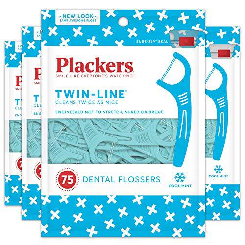Plackers Twin-Line Dental Floss Picks, 75 Count (Pack of 4), Blue