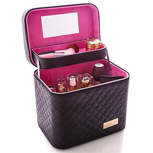 Sooyee Makeup Bag,Makeup Organizer with Mirror,Cosmetic Travel Bag with Fold Tray, Cosmetic Bags for Women Designed To Fit All Cosmetics Professional Makeup Case,Black